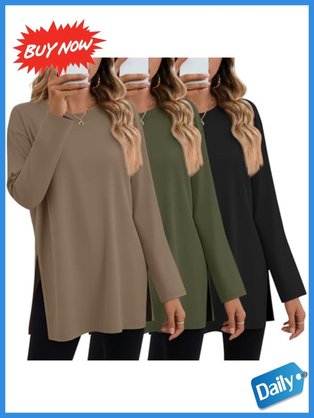 Oversized Cotton Long Sleeve T-Shirts 3 Pack Women's Crew Neck Tops